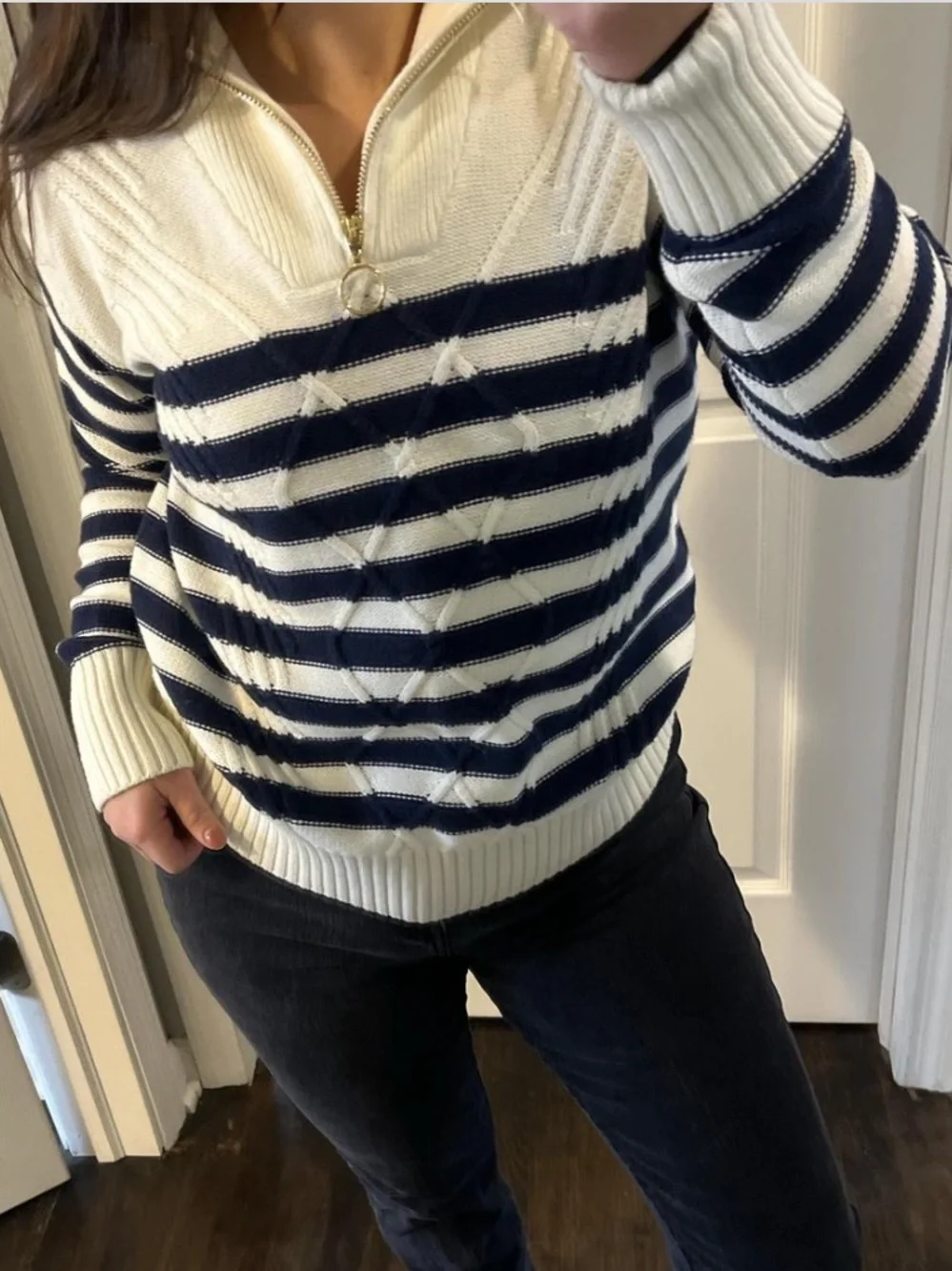 Charter club Striped Zip Sweater Pullover - White Cream & Navy